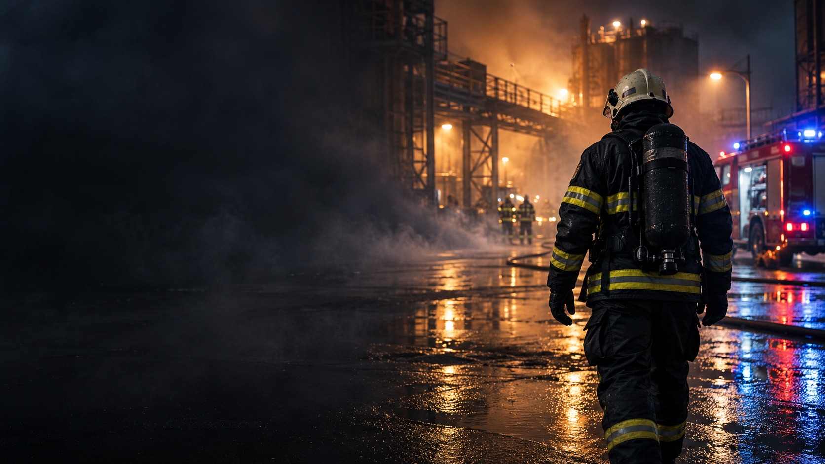 Cinematic rescue campaign scene with a firefighter and emergency vehicle at night