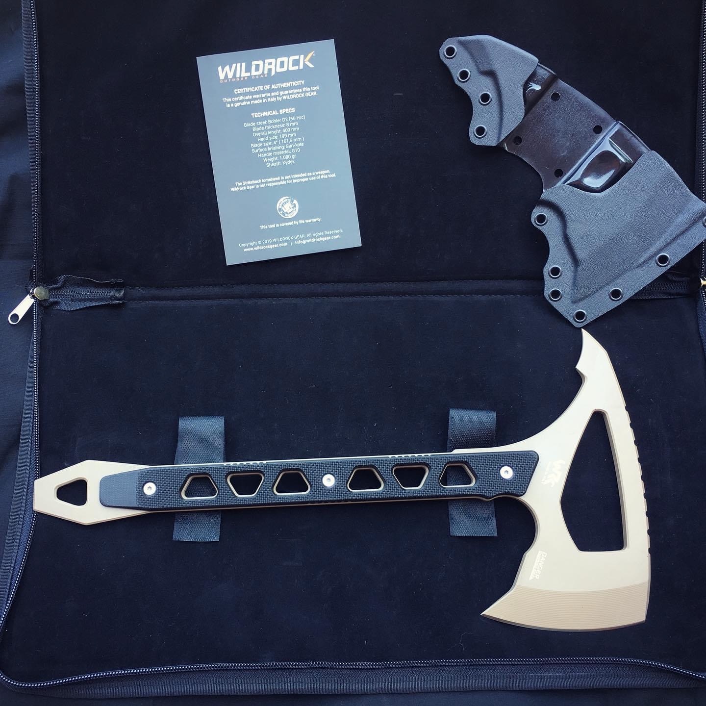 Original Strikeback in its open padded carry case, with Kydex sheath and product card